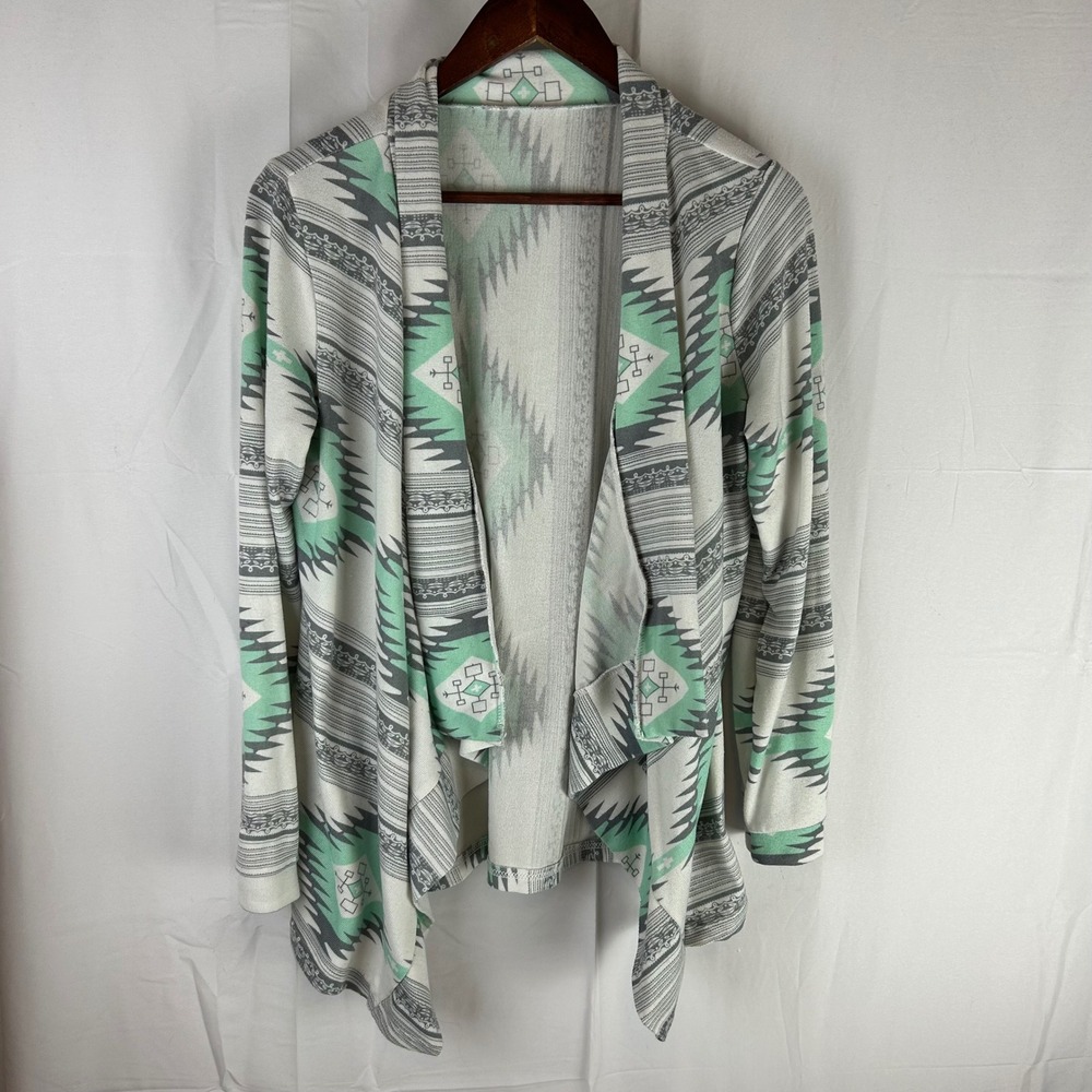 Women's Waterfall Cardigan‎ Aztec Print Mint Gray White Long Sleeve Open Front M